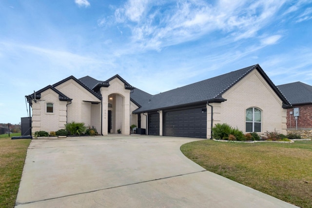 french country home with a garage and a front lawn