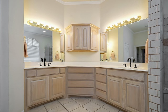 bathroom featuring vanity, ornamental molding, and tile patterned floors