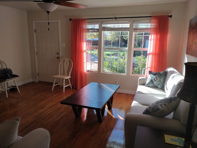 living room with hardwood / wood-style flooring and ceiling fan