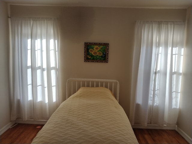 bedroom featuring multiple windows and dark wood-type flooring