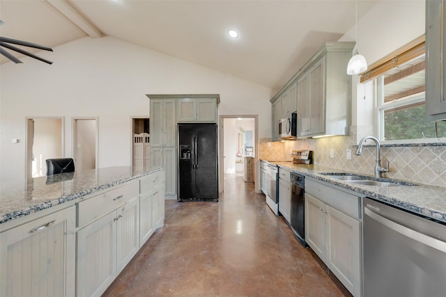 kitchen featuring backsplash, black appliances, sink, decorative light fixtures, and concrete flooring