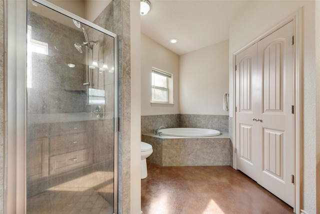 bathroom with toilet, concrete flooring, and shower with separate bathtub