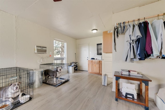 kitchen featuring light brown cabinetry, light hardwood / wood-style flooring, and an AC wall unit