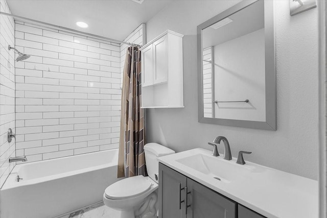 full bathroom with vanity, toilet, and shower / bathtub combination with curtain