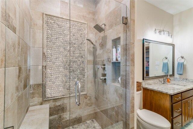 bathroom with vanity, toilet, and a shower with door