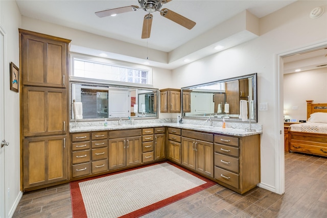 bathroom with hardwood / wood-style floors, vanity, and ceiling fan