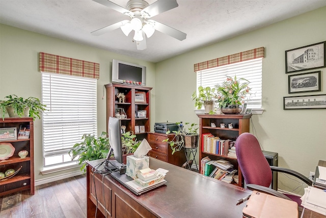 office space with hardwood / wood-style floors and ceiling fan