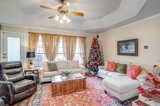 living room with a tray ceiling, ceiling fan, and ornamental molding