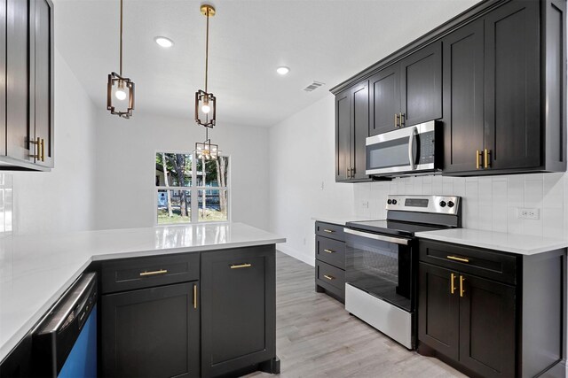 kitchen featuring decorative backsplash, appliances with stainless steel finishes, kitchen peninsula, light hardwood / wood-style floors, and hanging light fixtures