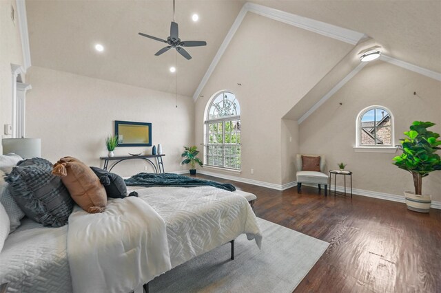 bedroom with ceiling fan, dark wood-type flooring, vaulted ceiling, and ornamental molding