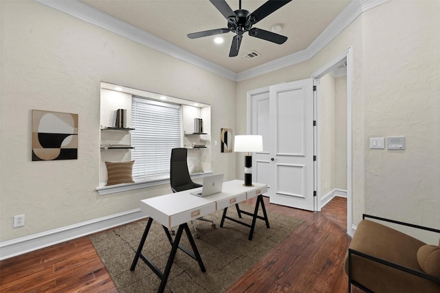 office space with ornamental molding, ceiling fan, and dark wood-type flooring