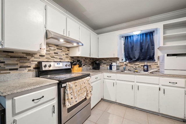 kitchen featuring decorative backsplash, white cabinetry, stainless steel range with electric cooktop, and crown molding