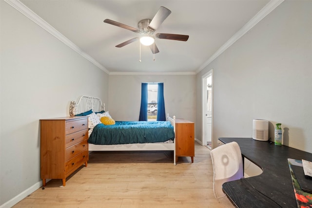 bedroom with light hardwood / wood-style floors, ceiling fan, and crown molding