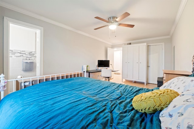 bedroom with ceiling fan, light wood-type flooring, and ornamental molding