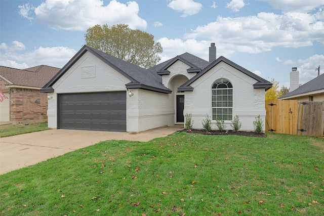 view of front of home featuring a front lawn and a garage