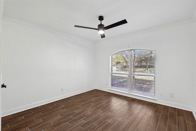 empty room featuring ceiling fan, dark hardwood / wood-style floors, and ornamental molding