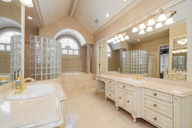 bathroom featuring beam ceiling, tile patterned flooring, high vaulted ceiling, tiled tub, and vanity