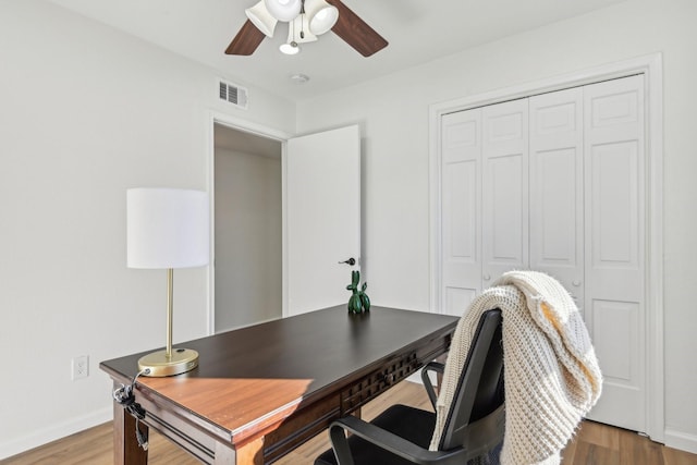 office featuring ceiling fan and hardwood / wood-style flooring