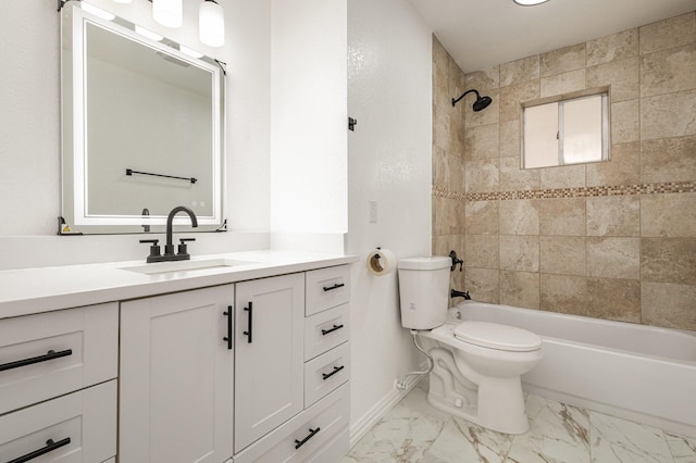 full bathroom featuring vanity, tiled shower / bath combo, and toilet