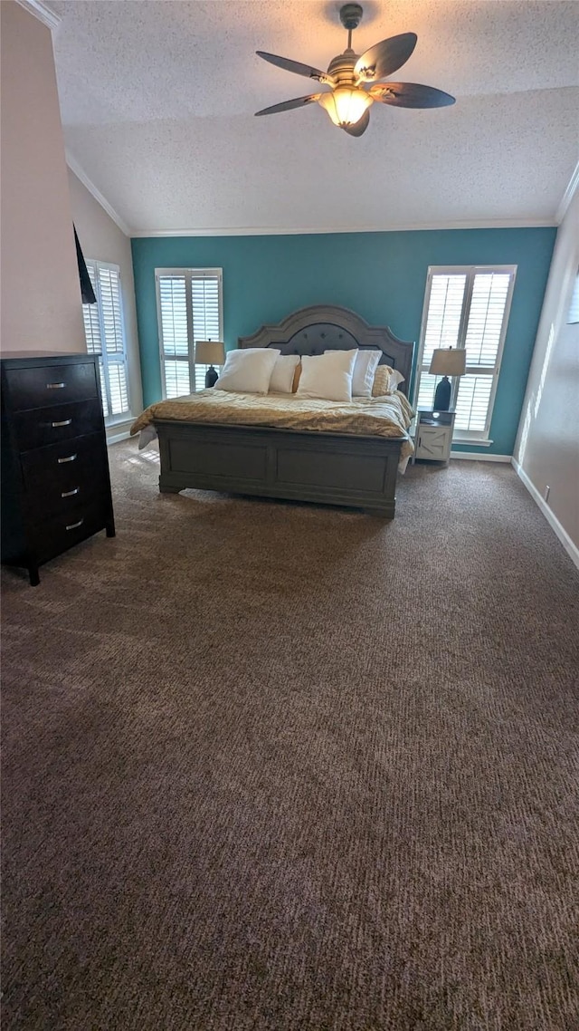 bedroom featuring ceiling fan, dark carpet, and a textured ceiling