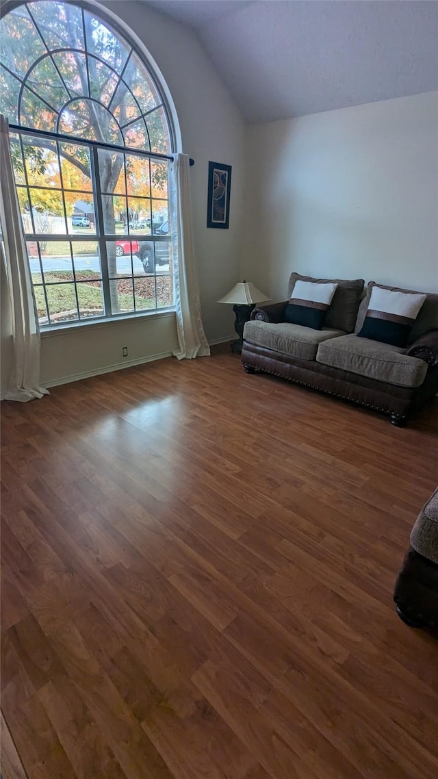 living room with dark hardwood / wood-style floors, vaulted ceiling, and plenty of natural light