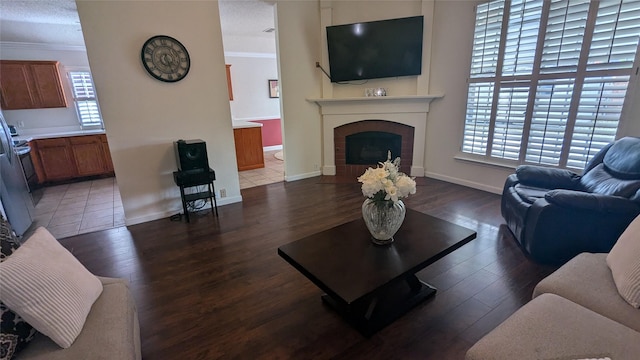 living room featuring a fireplace, crown molding, plenty of natural light, and dark wood-type flooring