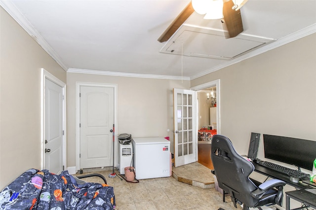 home office featuring ceiling fan, light tile patterned floors, and ornamental molding