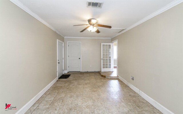 bedroom with ceiling fan and ornamental molding