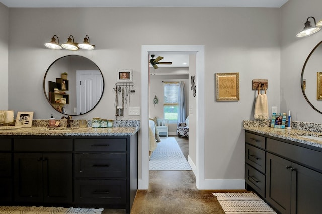 bathroom featuring ceiling fan, vanity, and concrete floors