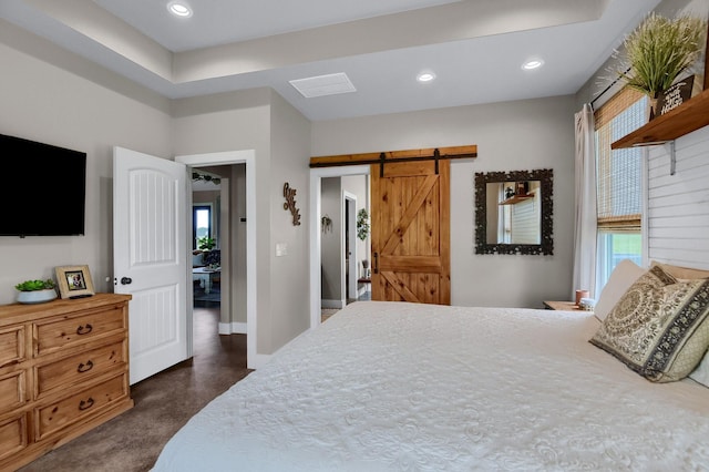 bedroom featuring a barn door and multiple windows