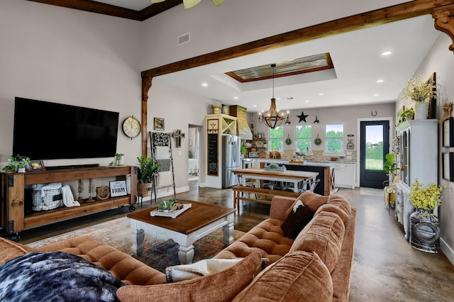 living room with a chandelier