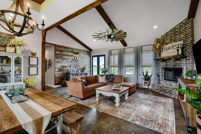 living room featuring a fireplace, ceiling fan with notable chandelier, high vaulted ceiling, and beamed ceiling