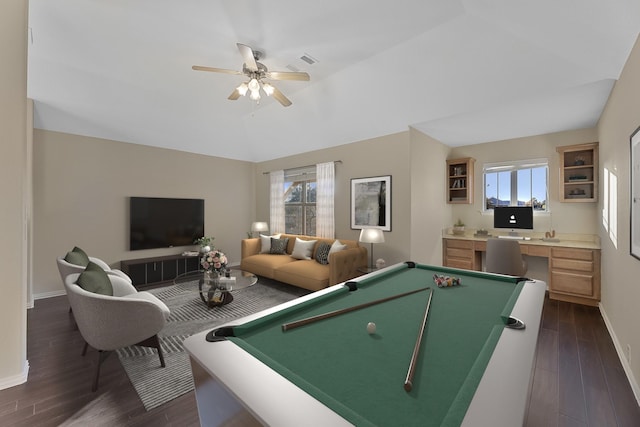 game room featuring lofted ceiling, billiards, ceiling fan, built in desk, and dark hardwood / wood-style flooring