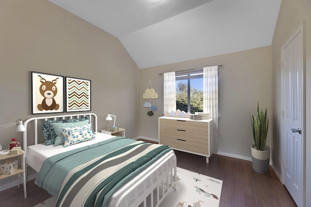 bedroom with lofted ceiling and dark wood-type flooring