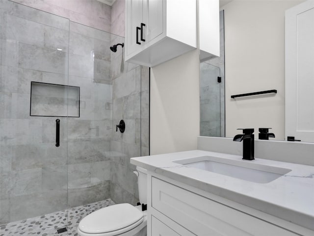 bathroom featuring vanity, toilet, and walk in shower