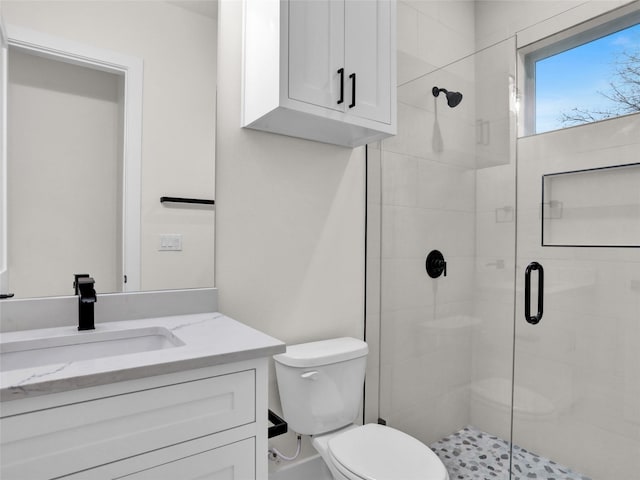 bathroom with vanity, toilet, and a shower with shower door