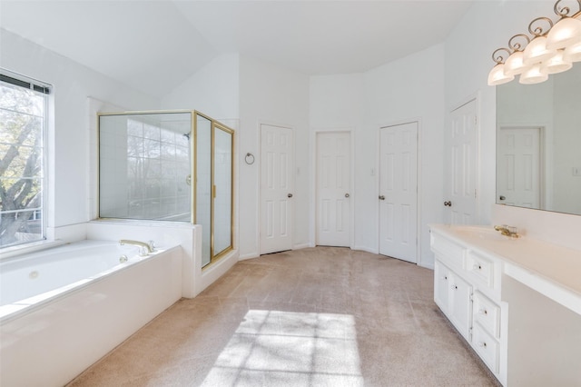 bathroom with vanity, vaulted ceiling, plus walk in shower, and an inviting chandelier