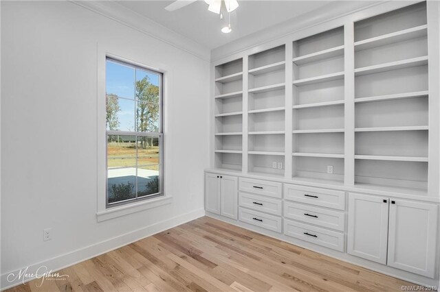 interior space with crown molding, light hardwood / wood-style flooring, and ceiling fan