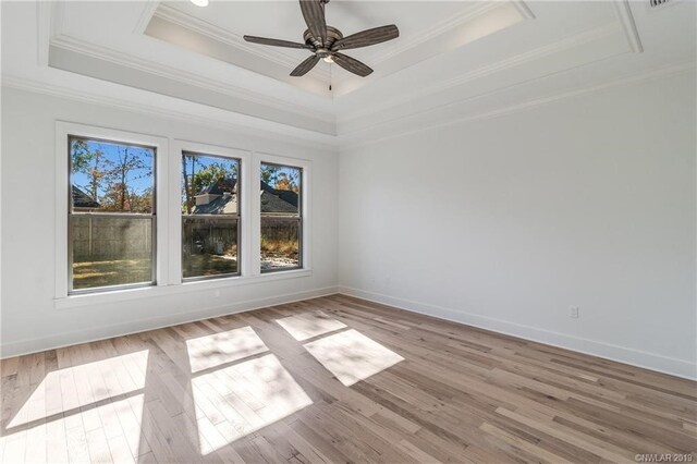 empty room featuring light hardwood / wood-style floors, a raised ceiling, and crown molding