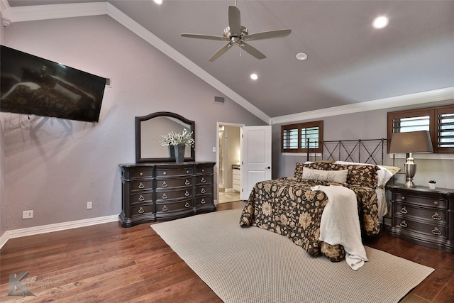 bedroom with multiple windows, ceiling fan, dark wood-type flooring, and lofted ceiling