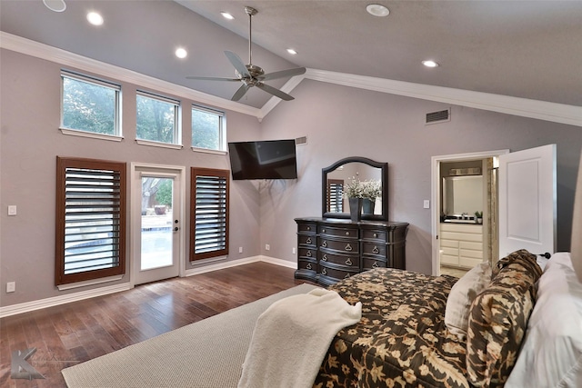 bedroom with access to outside, ensuite bathroom, crown molding, dark hardwood / wood-style floors, and ceiling fan