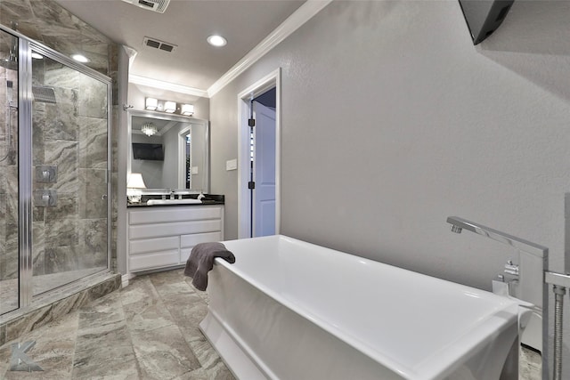 bathroom with vanity, ornamental molding, and shower with separate bathtub