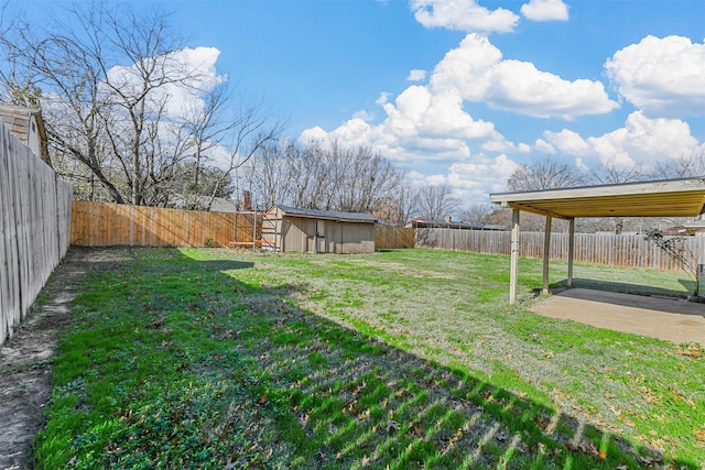 view of yard featuring a storage shed