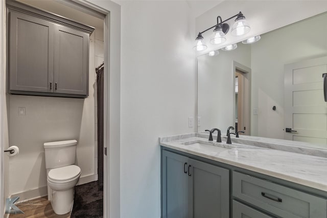 bathroom featuring vanity, curtained shower, and toilet