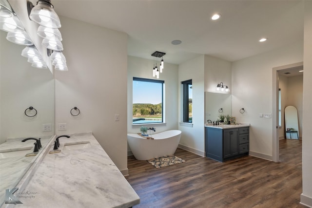 bathroom featuring hardwood / wood-style flooring, a bathtub, and vanity