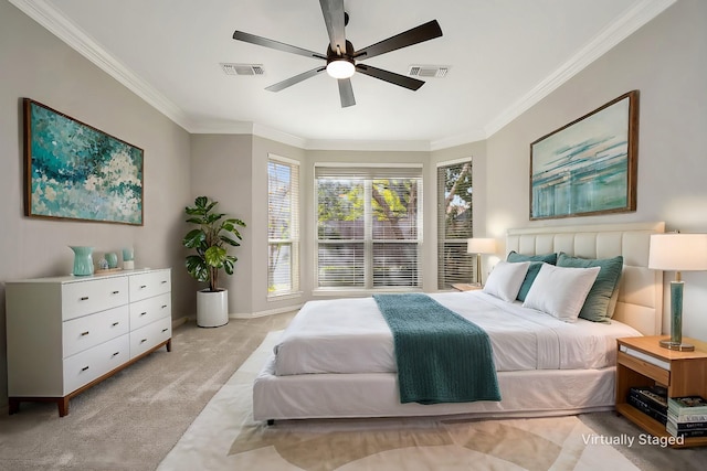 bedroom with ornamental molding, carpet flooring, and visible vents