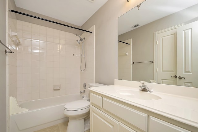 bathroom with shower / bathtub combination, tile patterned flooring, toilet, visible vents, and vanity