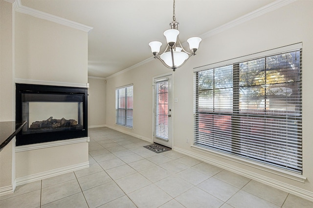 interior space with crown molding, light tile patterned flooring, and a chandelier