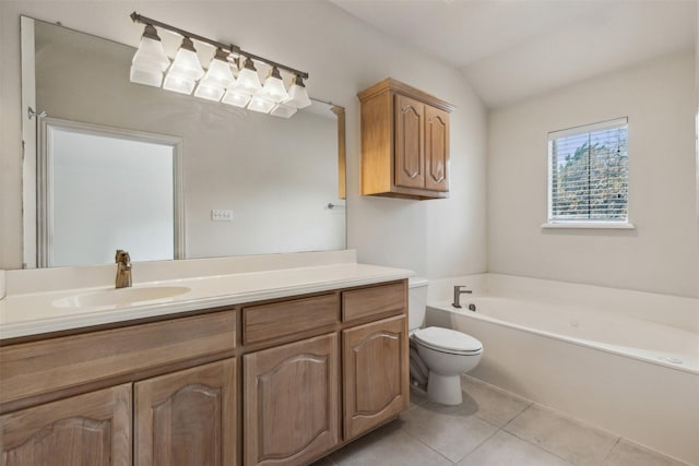 bathroom with tile patterned flooring, a bath, lofted ceiling, toilet, and vanity