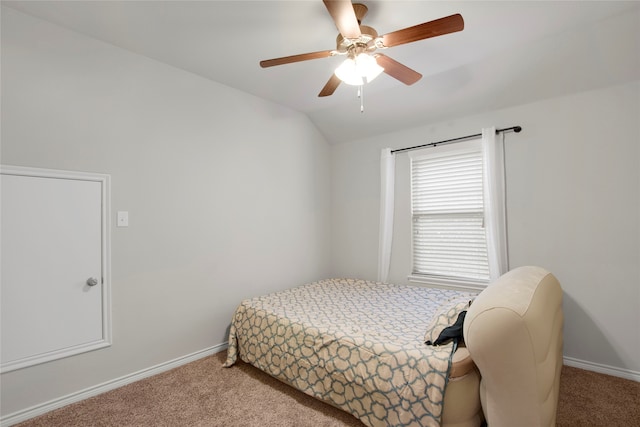 carpeted bedroom featuring ceiling fan and lofted ceiling